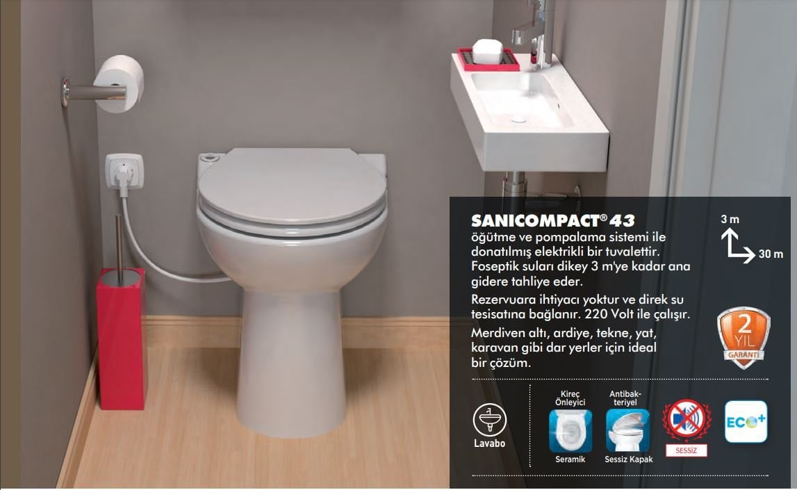Sanicompact 43 Kendinden Klozetli + 1 Lavabo Öğütücülü, Bıçaklı Foseptik Tahliye Pompalı Klozet-1